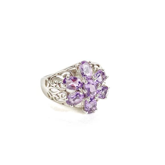 Ring Purple Flower Faceted Synthetic Amethyst Silver Tone Thai Fashion Vintage - Picture 1 of 14